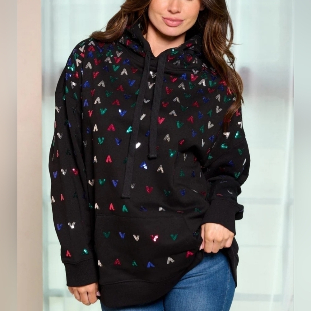 Bucketlist Sequin Embellished Solid Hoodie Long Sleeve Pullover Black Zip Up